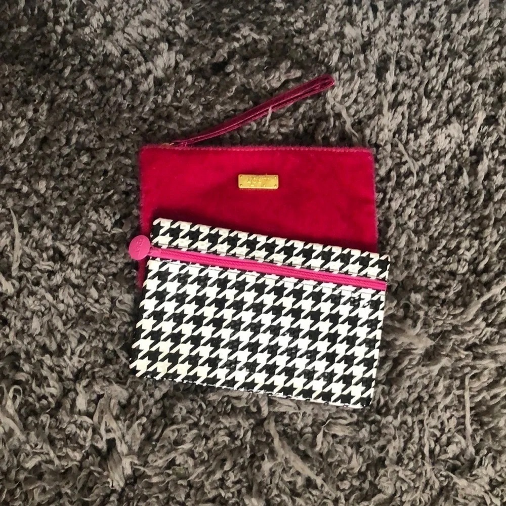Makeup Bag‎ Set Houndstooth Cosmetic Travel Pouch Pink Velvet Clutch
